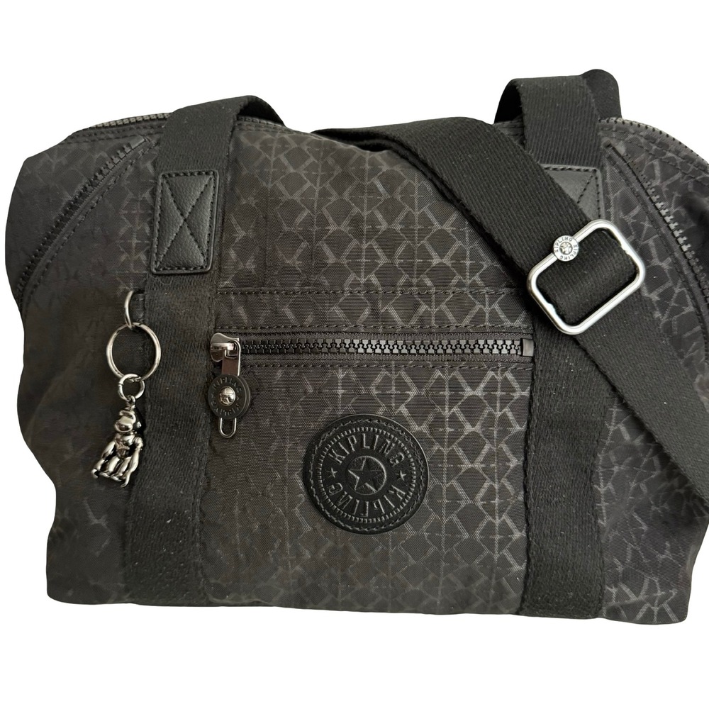 Kipling Art S Black Geometric Print Nylon Handbag Crossbody Bag with Monkey Tag
